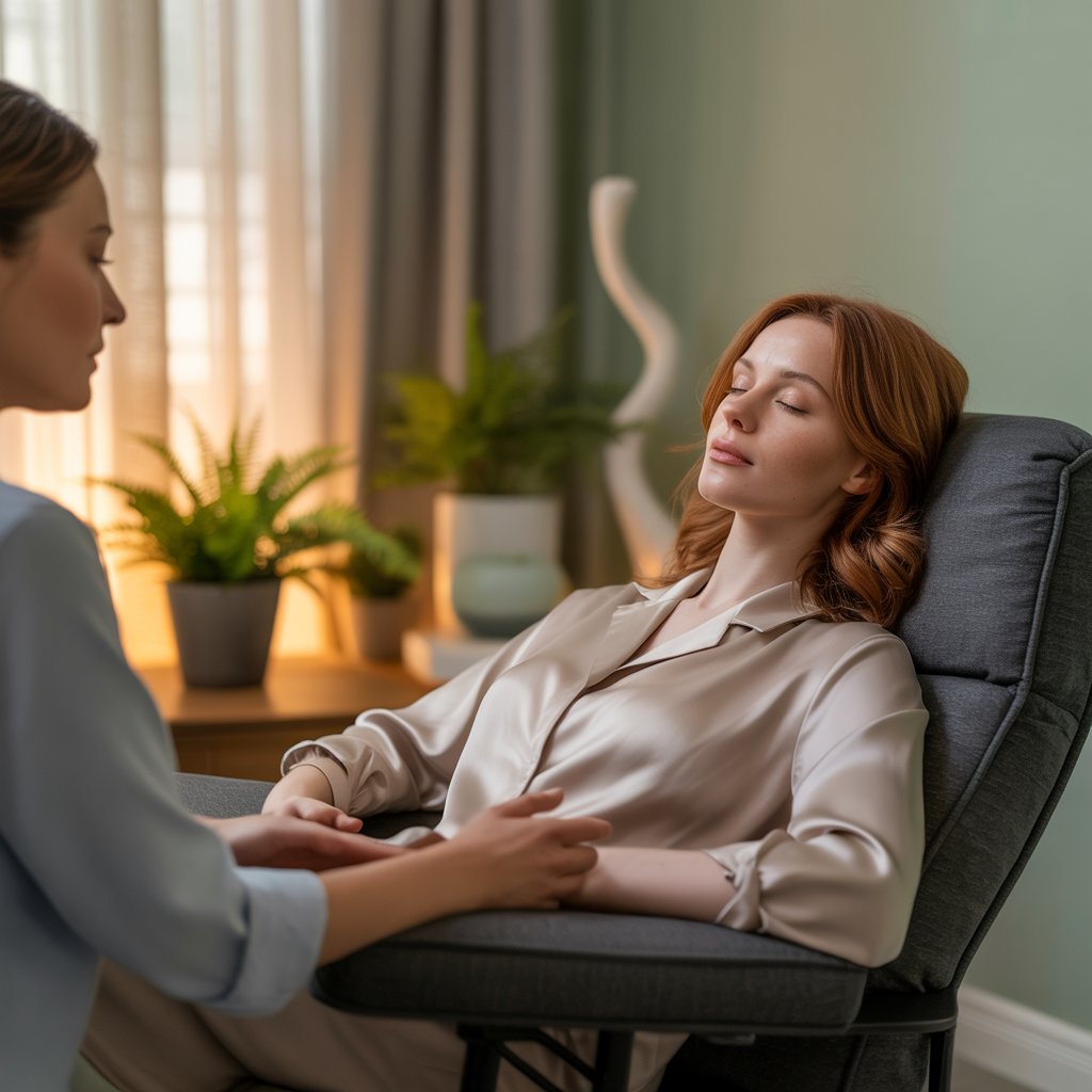 Peaceful hypnotherapy session with client relaxing in comfortable chair while therapist guides them through therapeutic process