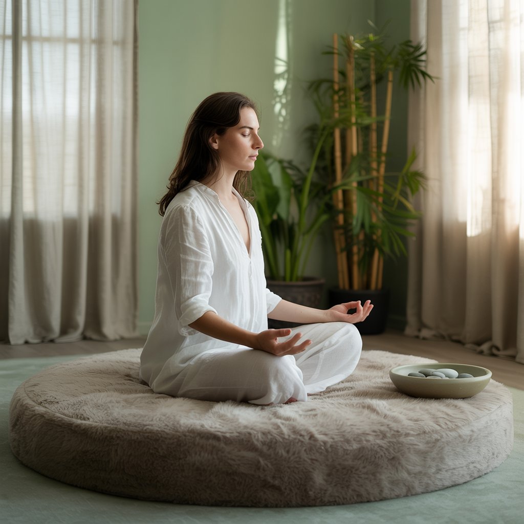 Person practicing mindfulness meditation in peaceful setting