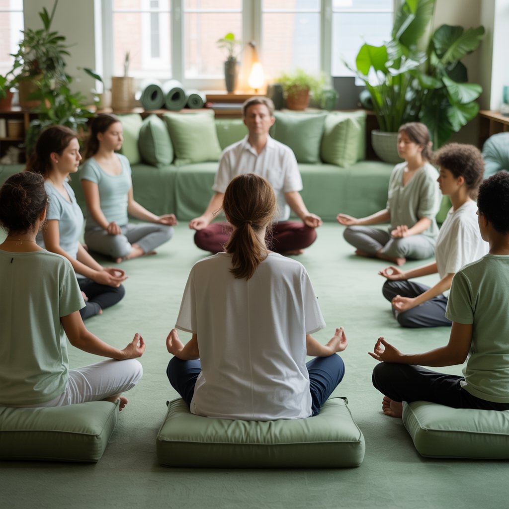 Mindfulness workshop with participants in meditation poses, practicing mindful breathing and stress reduction techniques in a serene group setting